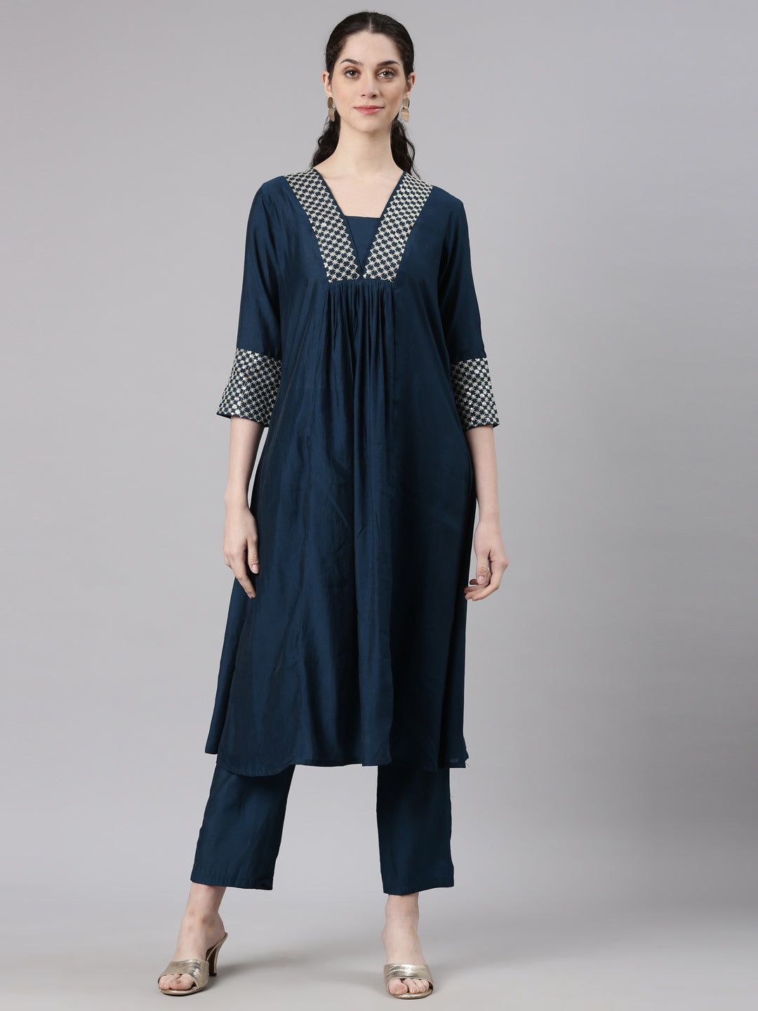 Neerus Blue Curved Casual Solid Kurta and Trouser