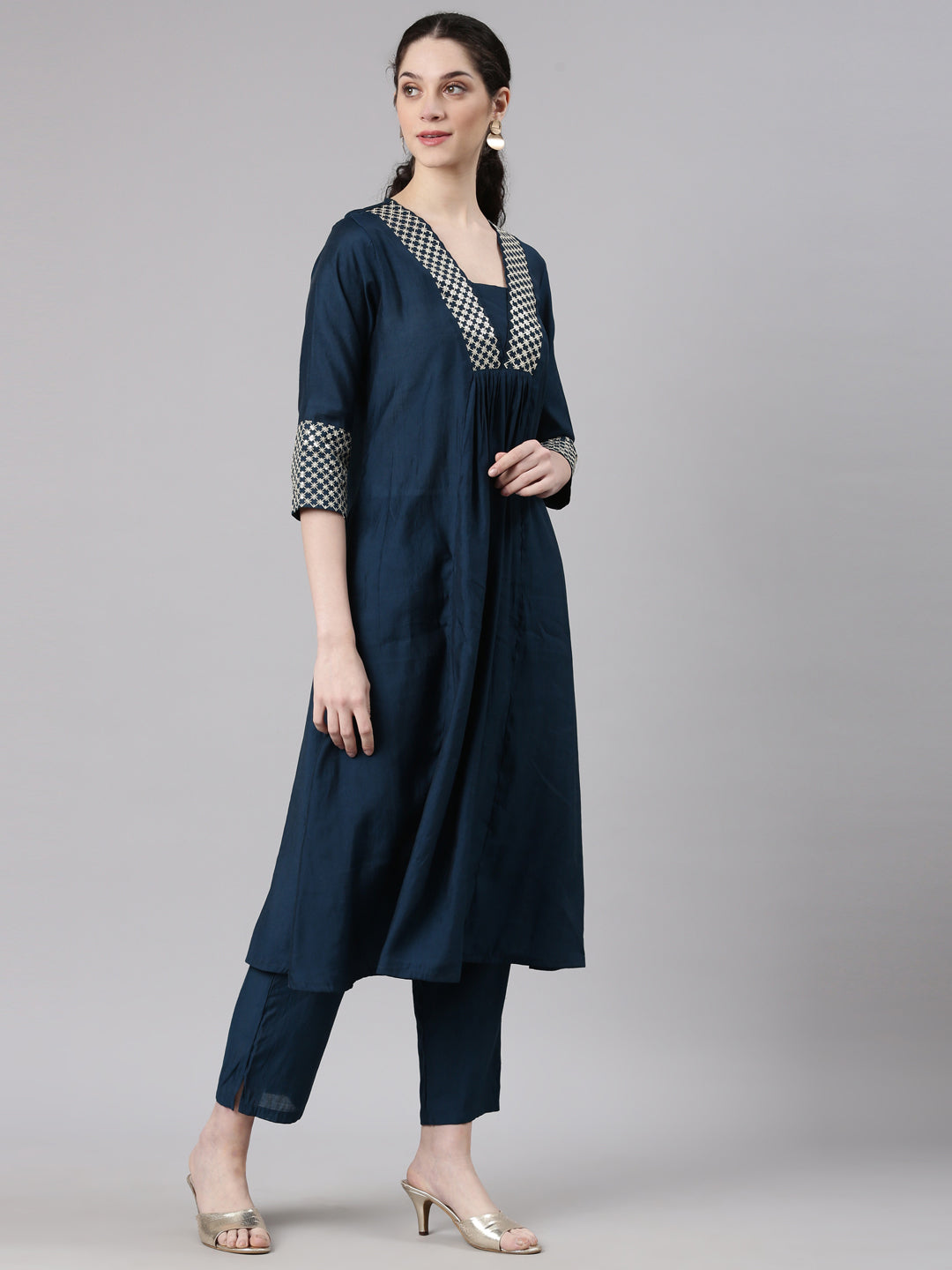 Neerus Blue Curved Casual Solid Kurta and Trouser