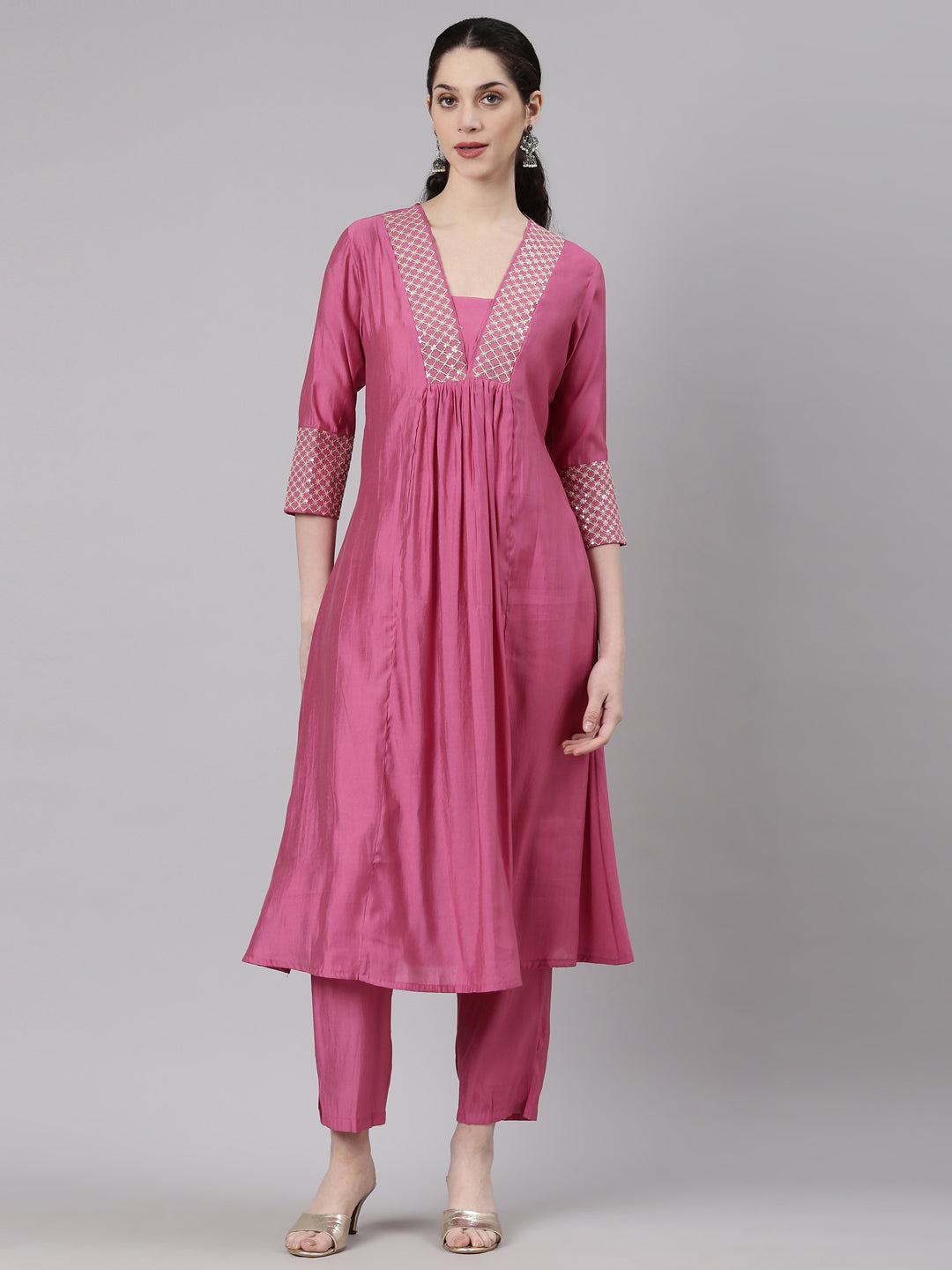 Neerus Pink Curved Casual Solid Kurta and Trouser