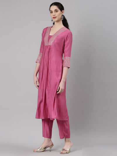 Neerus Pink Curved Casual Solid Kurta and Trouser