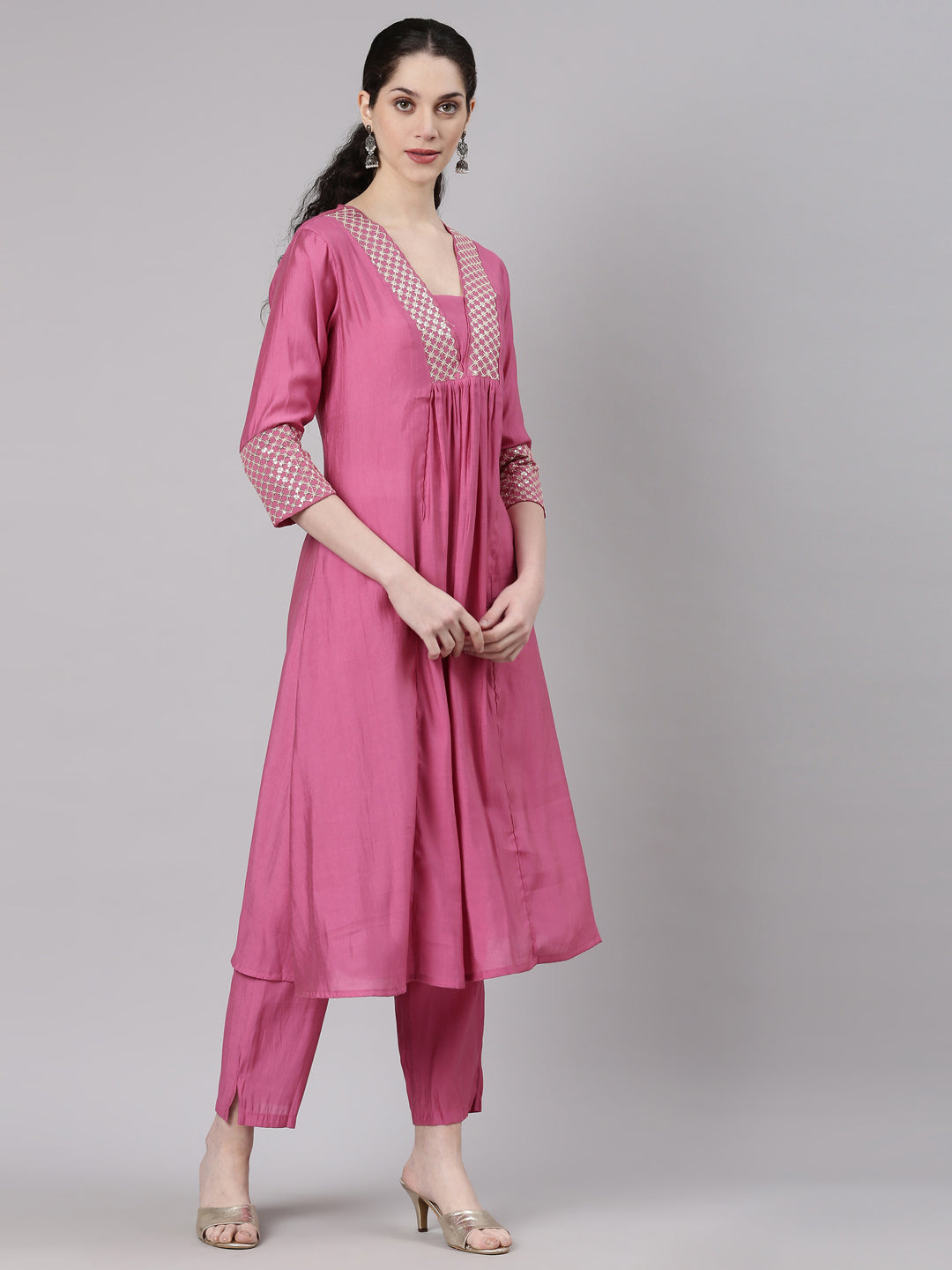 Neerus Pink Curved Casual Solid Kurta and Trouser