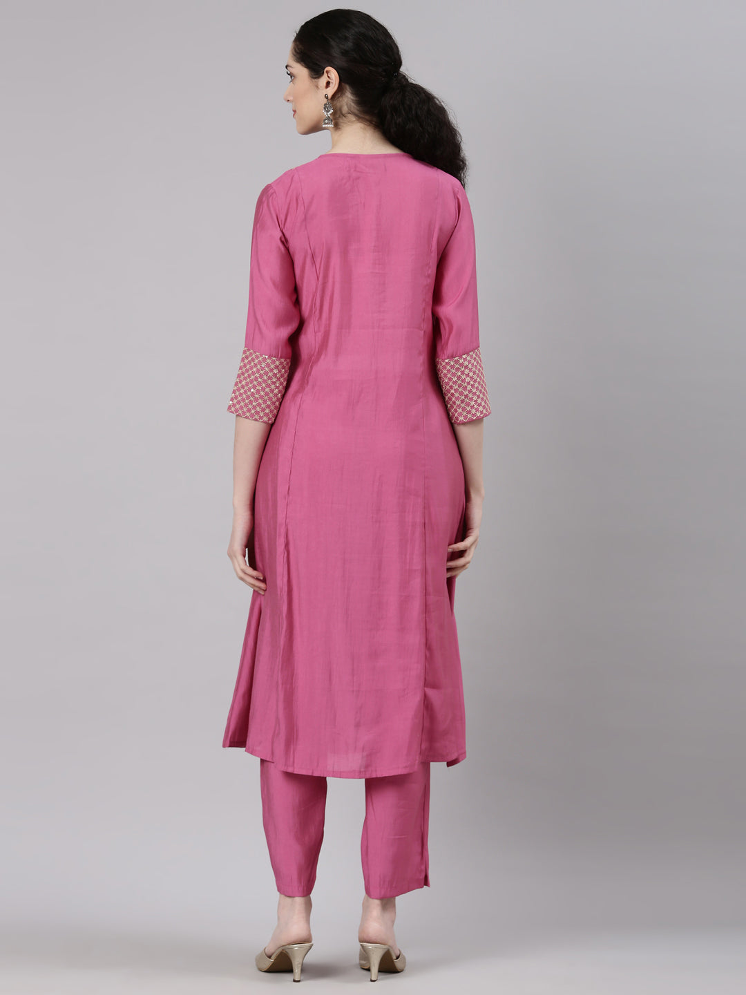 Neerus Pink Curved Casual Solid Kurta and Trouser