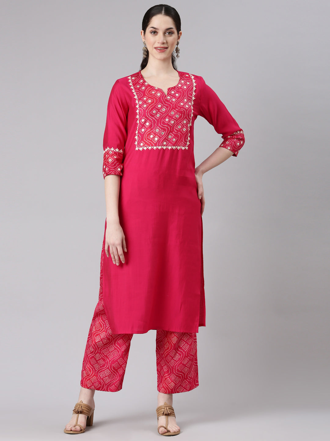 Neerus Women Pink Straight Kurta and Palazzos