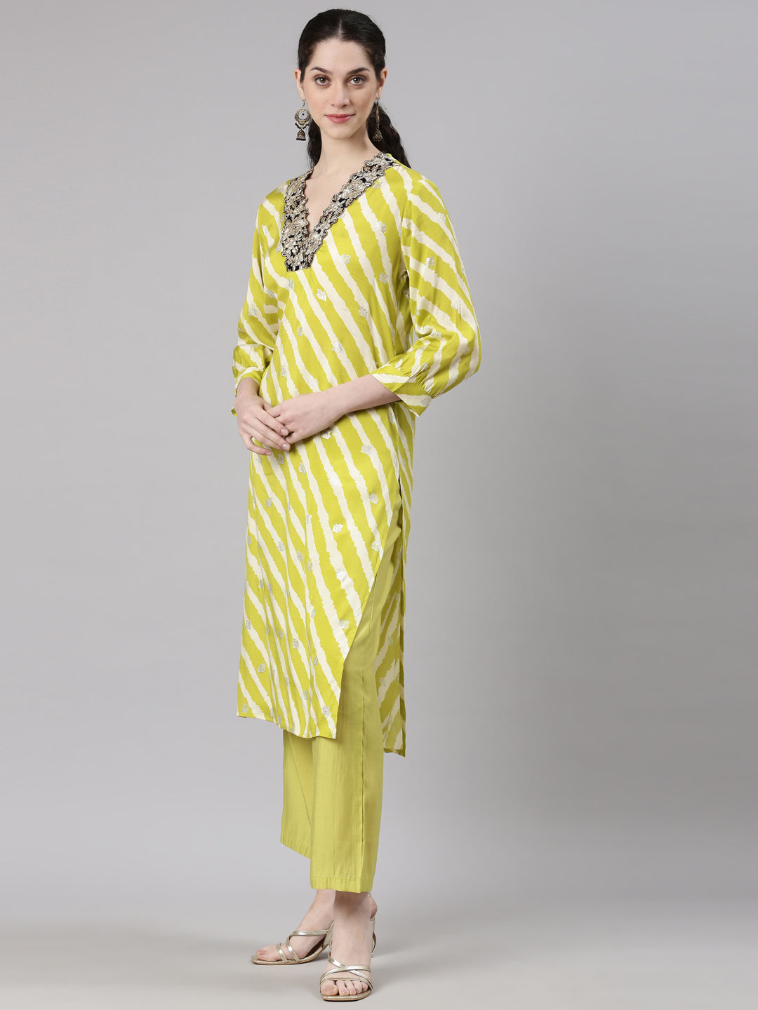 Neerus Yellow Straight Casual Leheriya Kurta and Plazzo