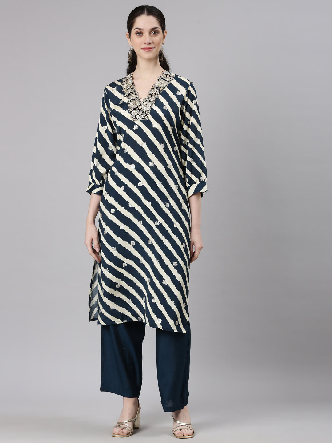 Neerus Navy Blue Straight Casual Leheriya Kurta and Plazzo