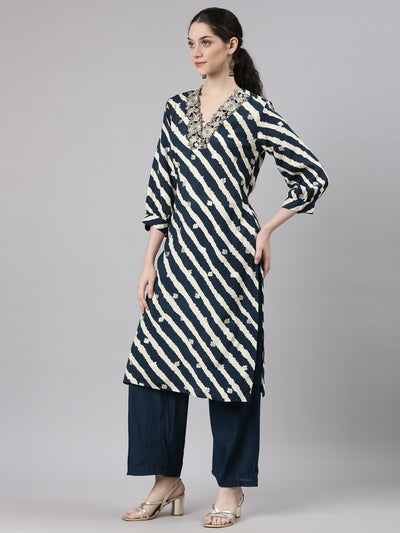 Neerus Navy Blue Straight Casual Leheriya Kurta and Plazzo