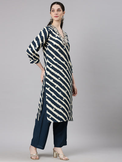 Neerus Navy Blue Straight Casual Leheriya Kurta and Plazzo