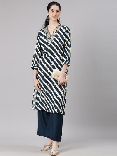 Neerus Navy Blue Straight Casual Leheriya Kurta and Plazzo