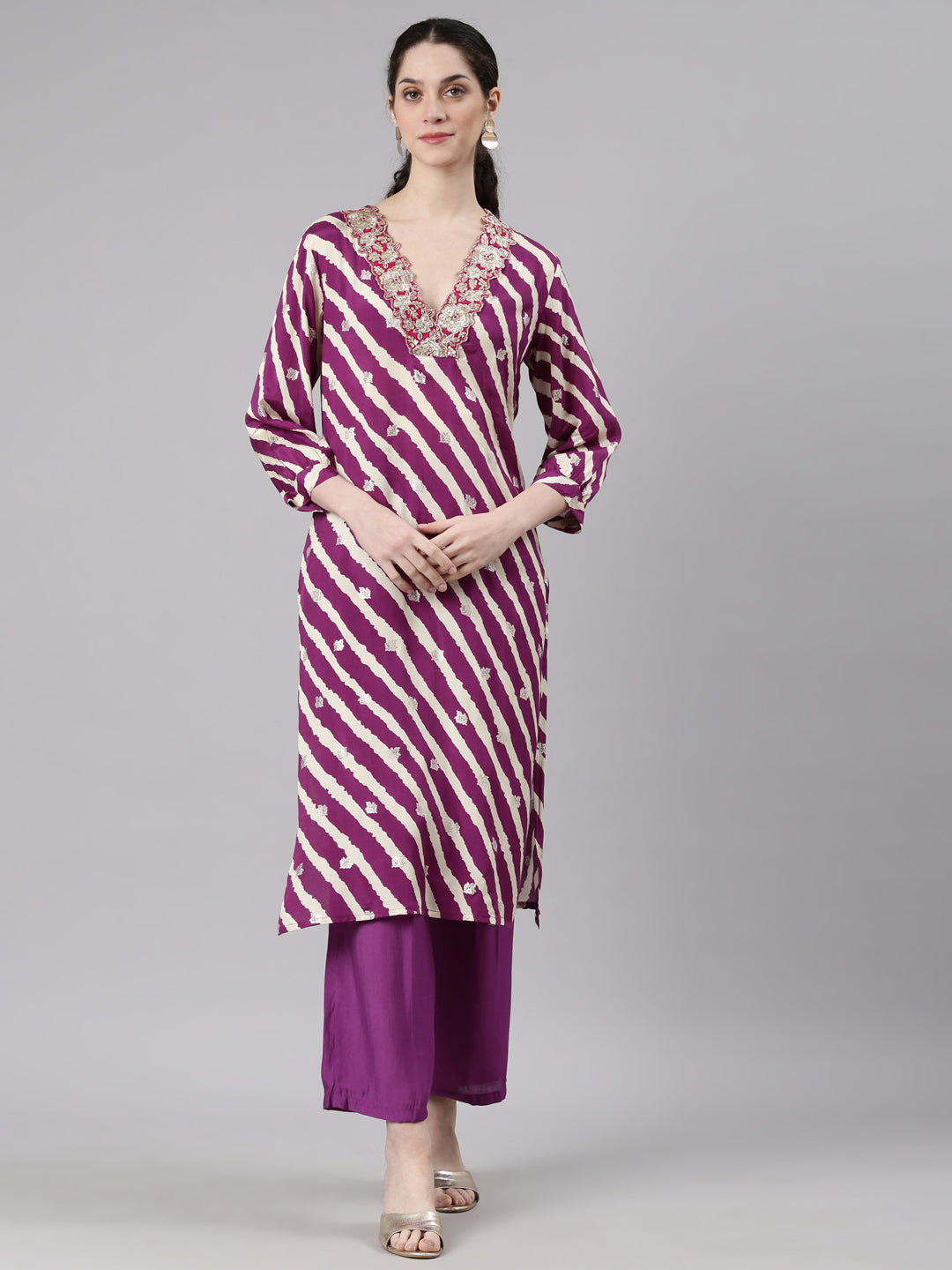 Neerus Purple Straight Casual Leheriya Kurta and Plazzo