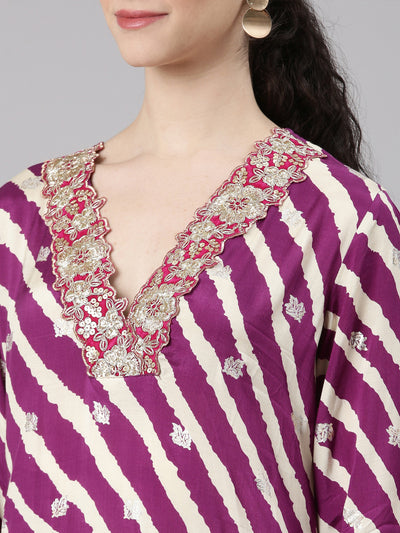 Neerus Purple Straight Casual Leheriya Kurta and Plazzo