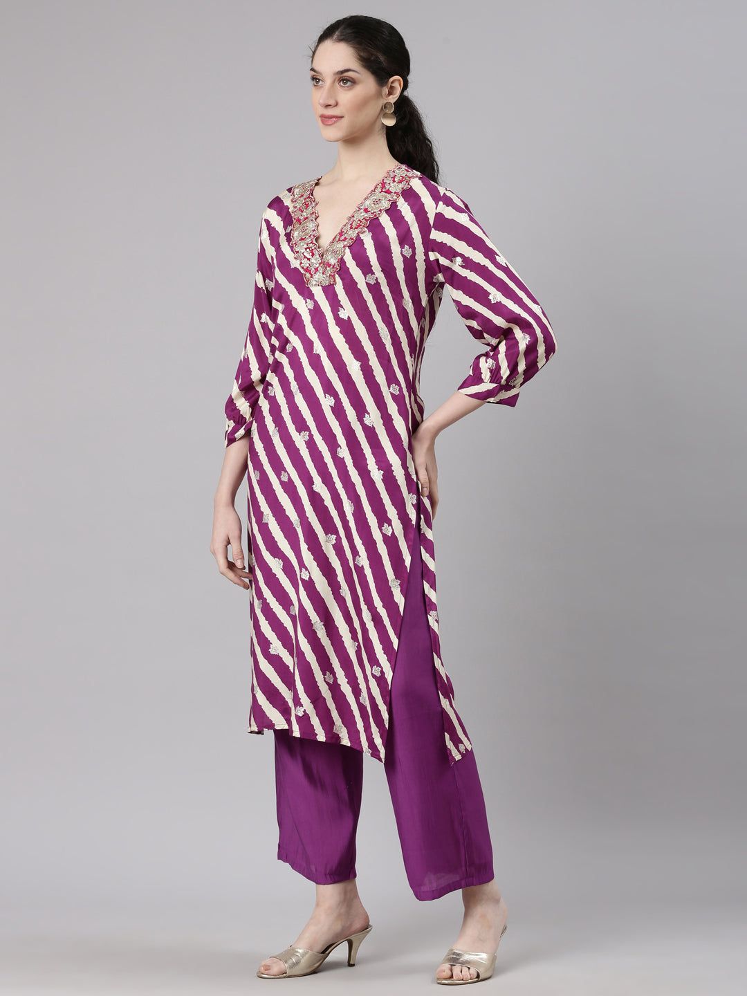 Neerus Purple Straight Casual Leheriya Kurta and Plazzo