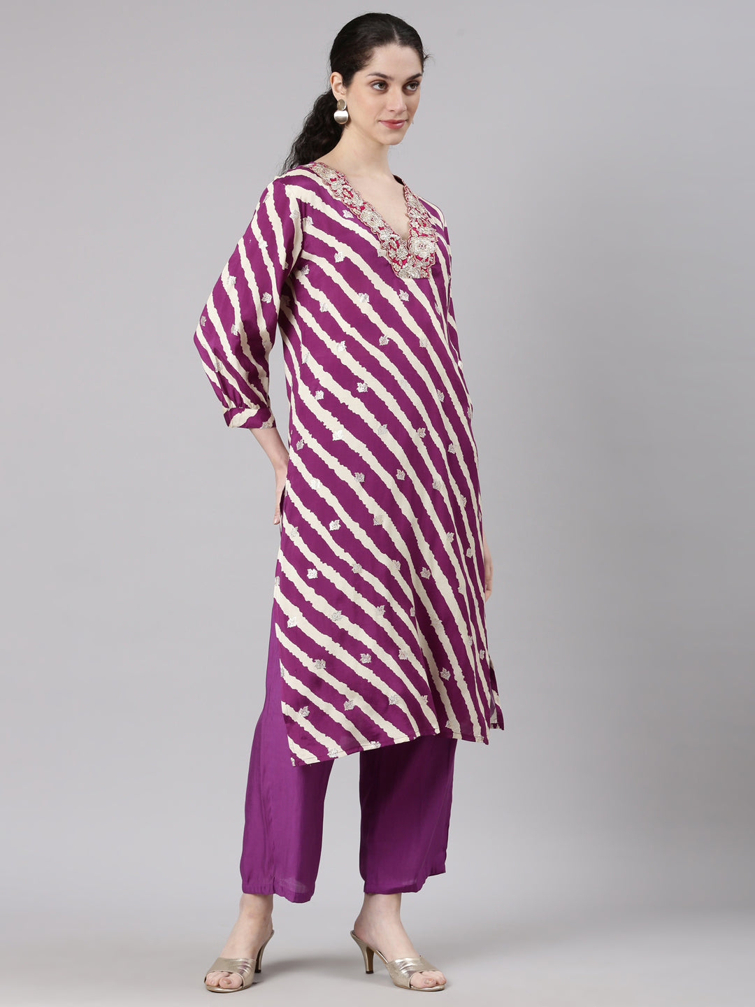 Neerus Purple Straight Casual Leheriya Kurta and Plazzo