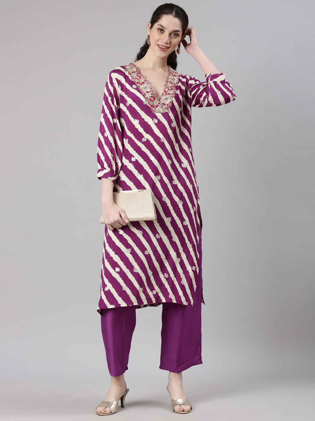 Neerus Purple Straight Casual Leheriya Kurta and Plazzo