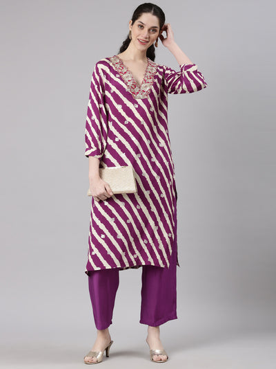 Neerus Purple Straight Casual Leheriya Kurta and Plazzo