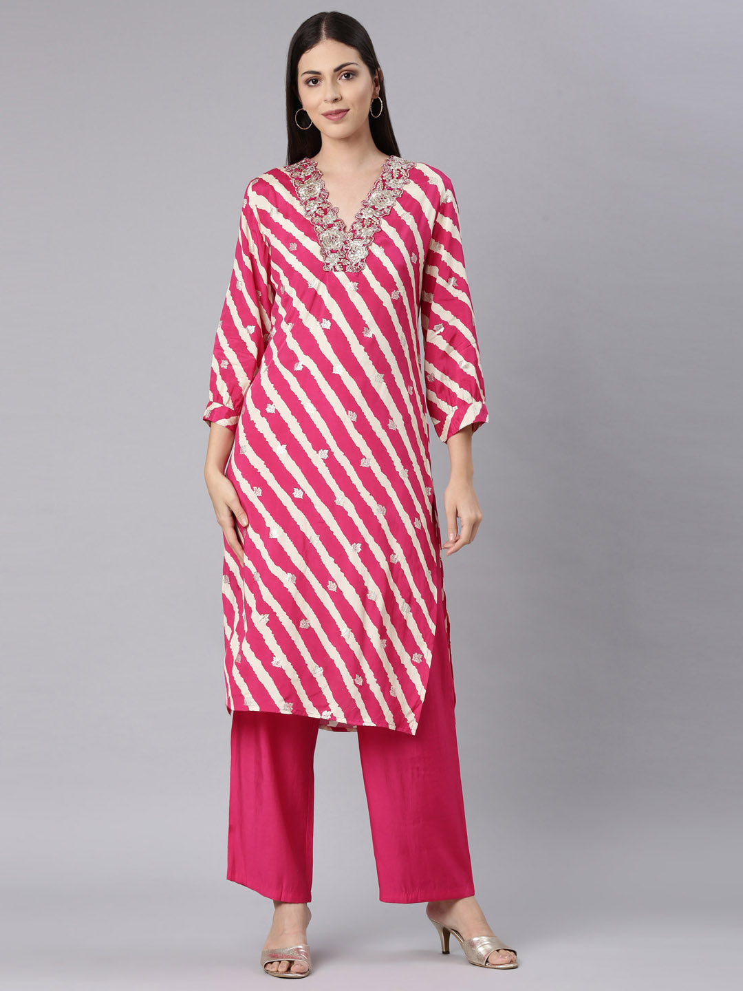 Neerus Pink Casual Solid Straight Kurta and Trouser