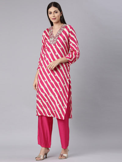 Neerus Pink Casual Solid Straight Kurta and Trouser