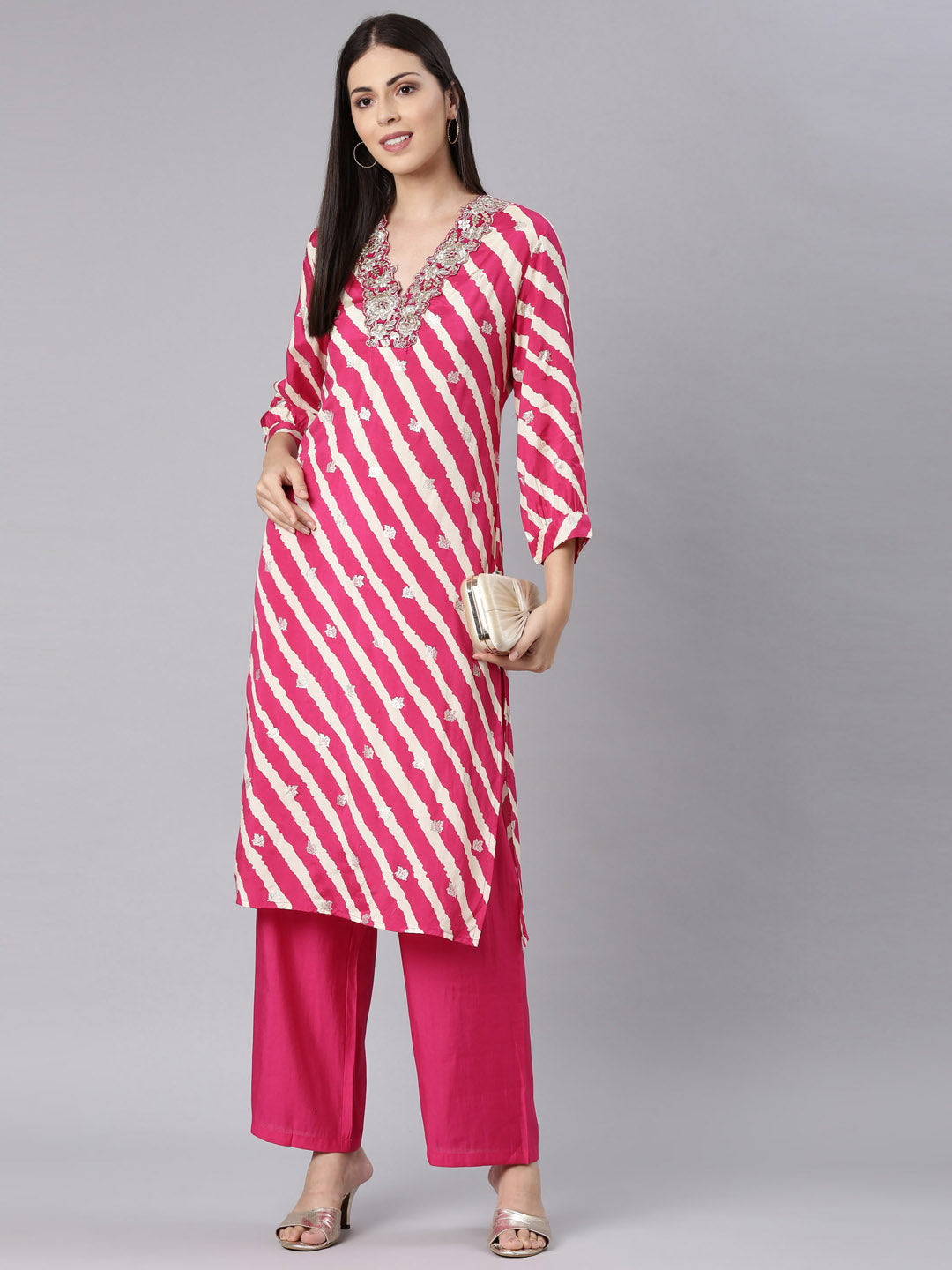 Neerus Pink Casual Solid Straight Kurta and Trouser