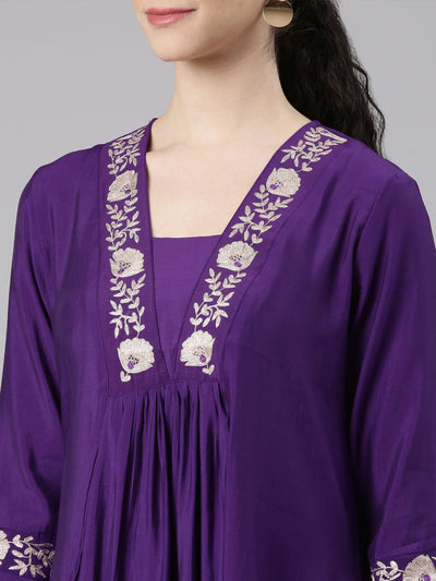 Neerus Purple Straight Casual Floral Kurta and Trouser