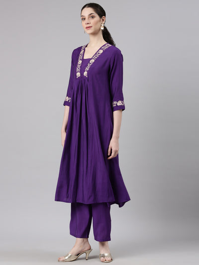 Neerus Purple Straight Casual Floral Kurta and Trouser