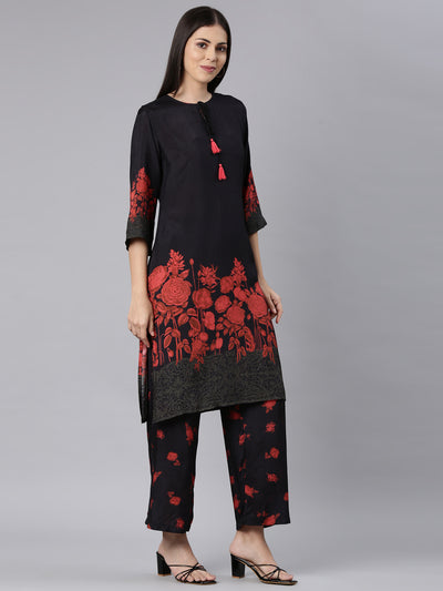 Neerus Black Casual Floral Straight Kurta and Trouser