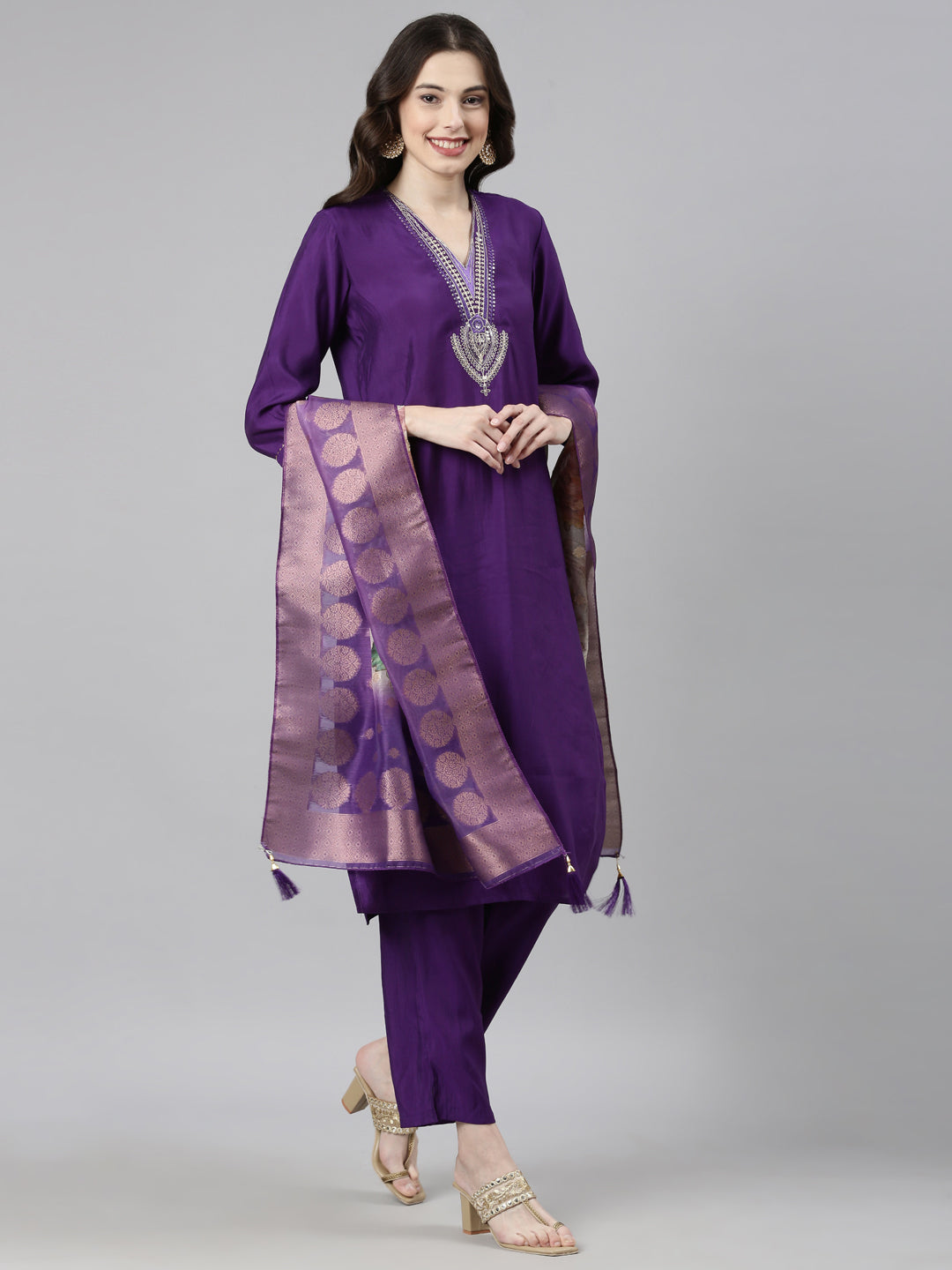 Neerus Purple Casual Solid Straight Kurta and Trousers With Dupatta