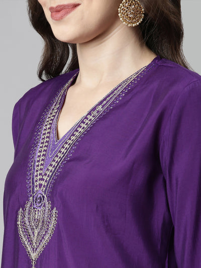 Neerus Purple Casual Solid Straight Kurta and Trousers With Dupatta