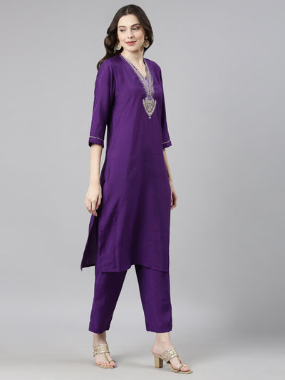 Neerus Purple Casual Solid Straight Kurta and Trousers With Dupatta