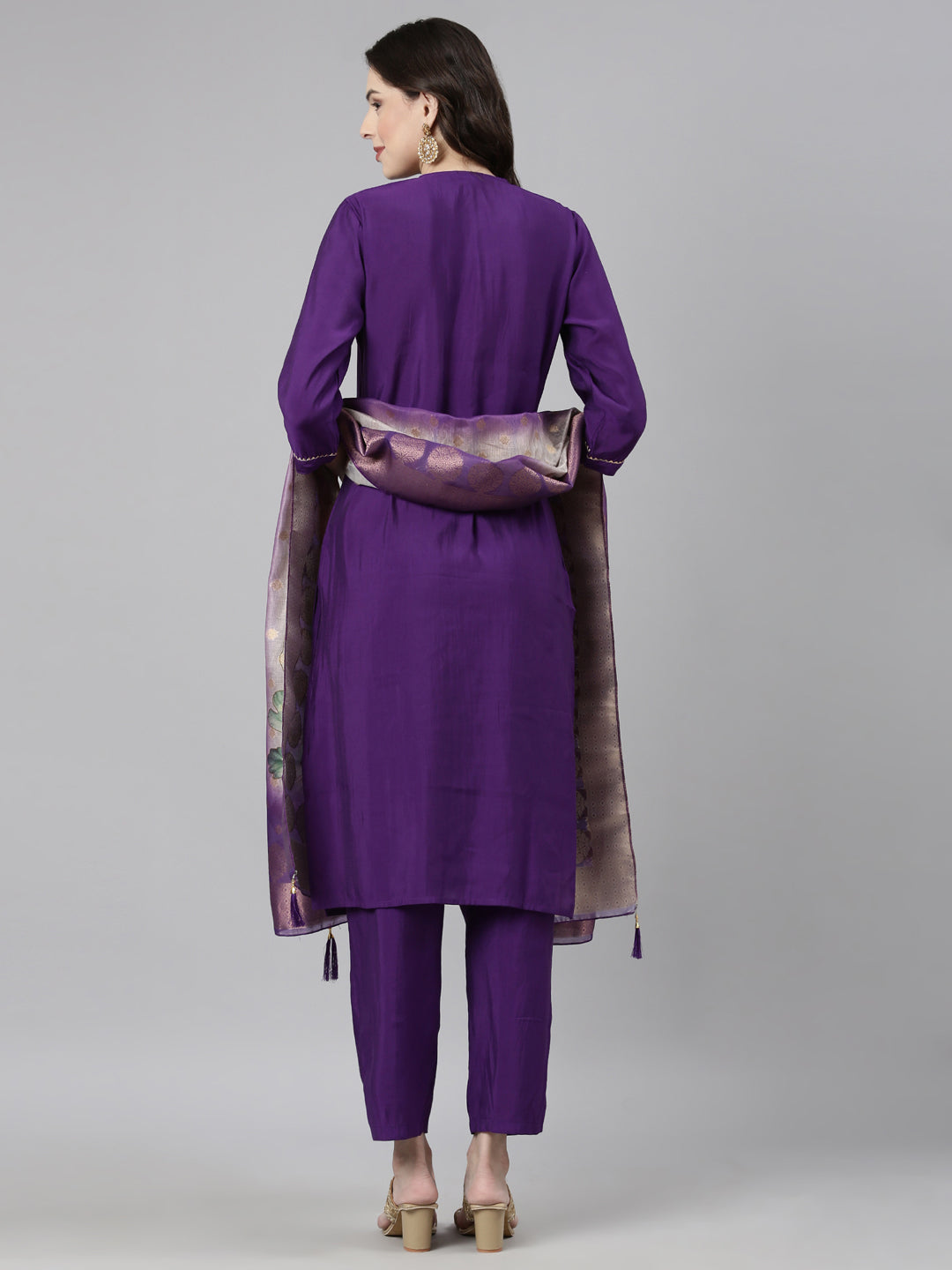 Neerus Purple Casual Solid Straight Kurta and Trousers With Dupatta