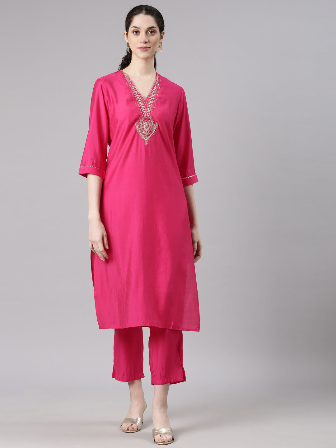 Neerus Pink Straight Casual Solid Kurta and Trouser with Dupatta