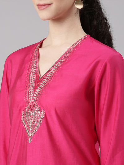 Neerus Pink Straight Casual Solid Kurta and Trouser with Dupatta