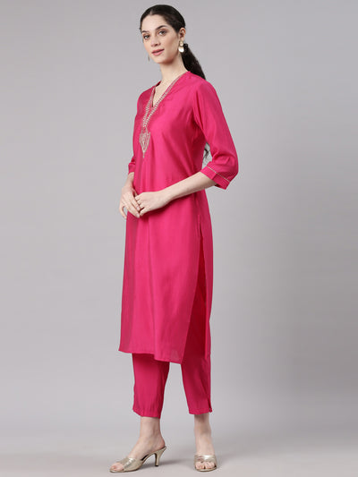 Neerus Pink Straight Casual Solid Kurta and Trouser with Dupatta