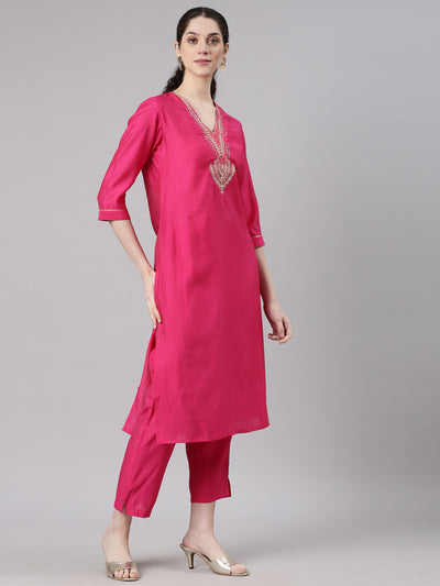 Neerus Pink Straight Casual Solid Kurta and Trouser with Dupatta