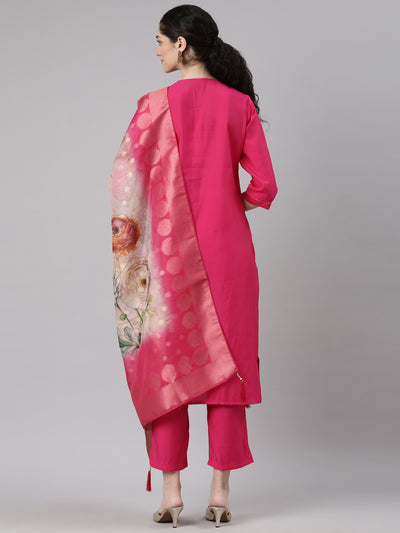 Neerus Pink Straight Casual Solid Kurta and Trouser with Dupatta