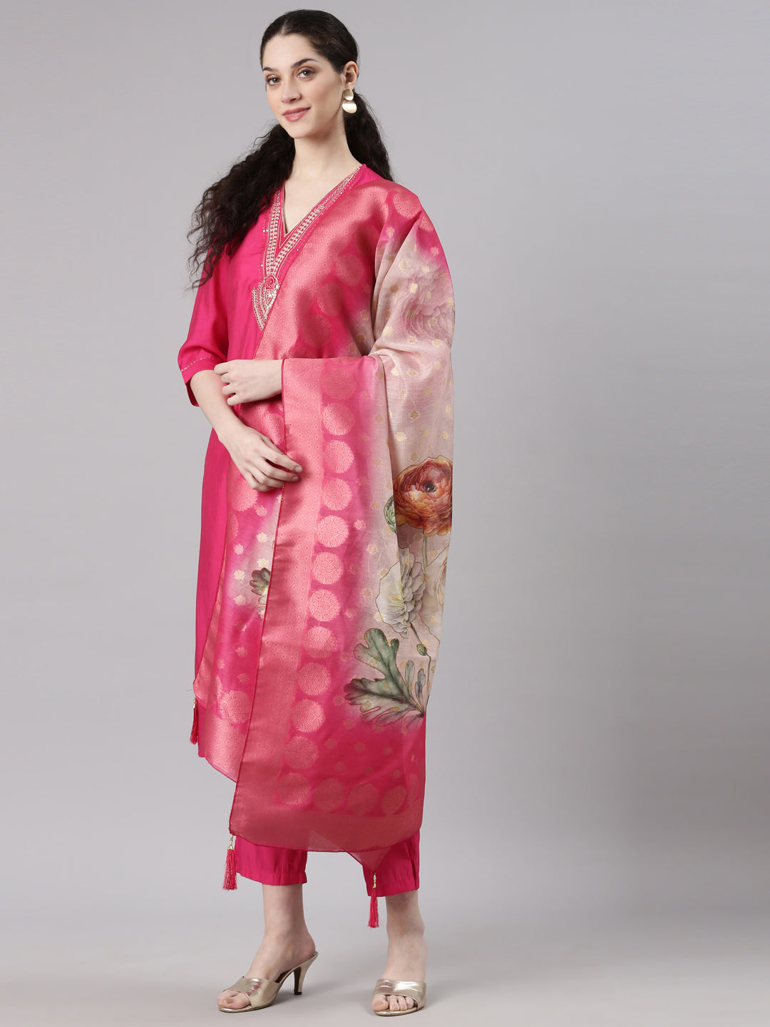 Neerus Pink Straight Casual Solid Kurta and Trouser with Dupatta