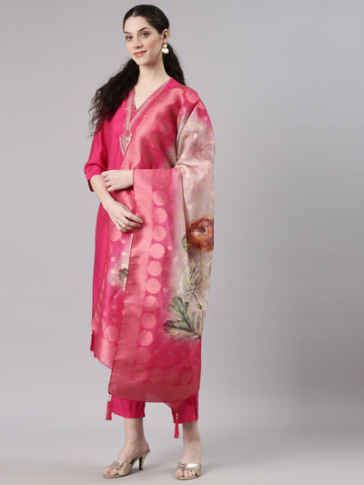 Neerus Pink Straight Casual Solid Kurta and Trouser with Dupatta