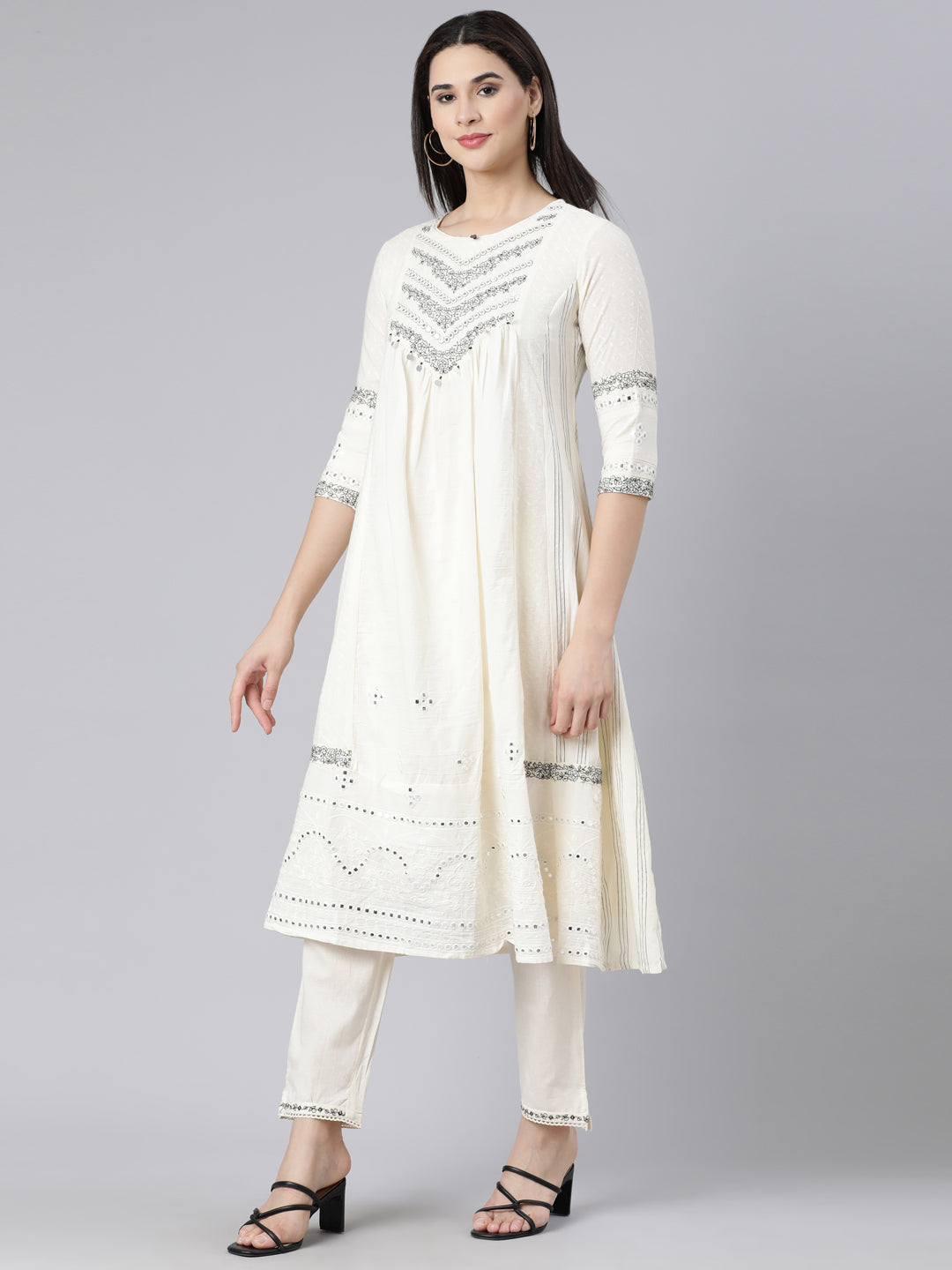 Neerus Off White Panelled Yoke Design Kurta And Trousers With Dupatta