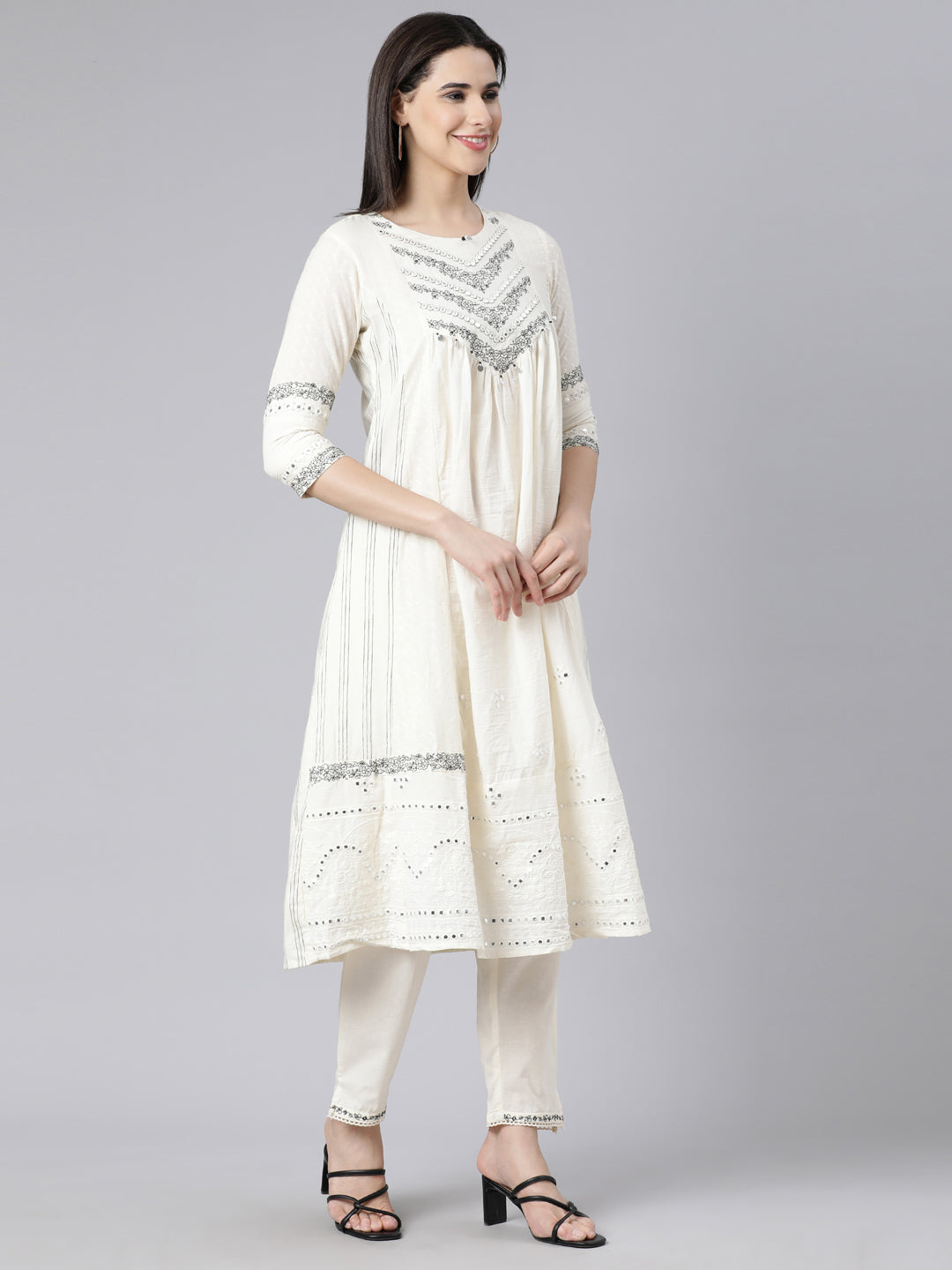 Neerus Off White Panelled Yoke Design Kurta And Trousers With Dupatta