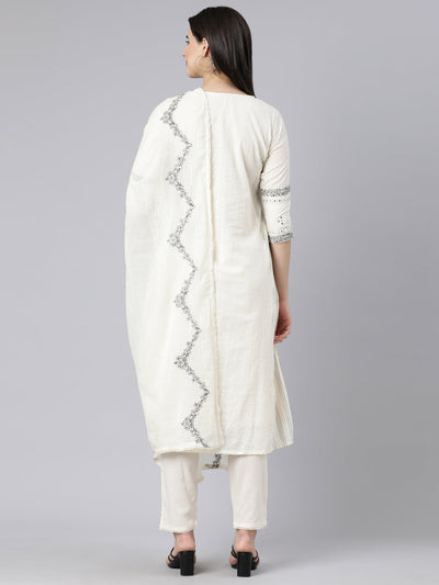 Neerus Off White Panelled Yoke Design Kurta And Trousers With Dupatta