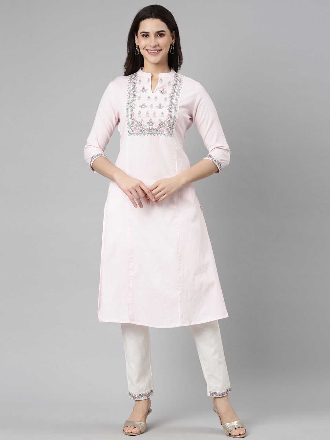 Neerus Pink Regular Straight Solid Kurta And  Trousers