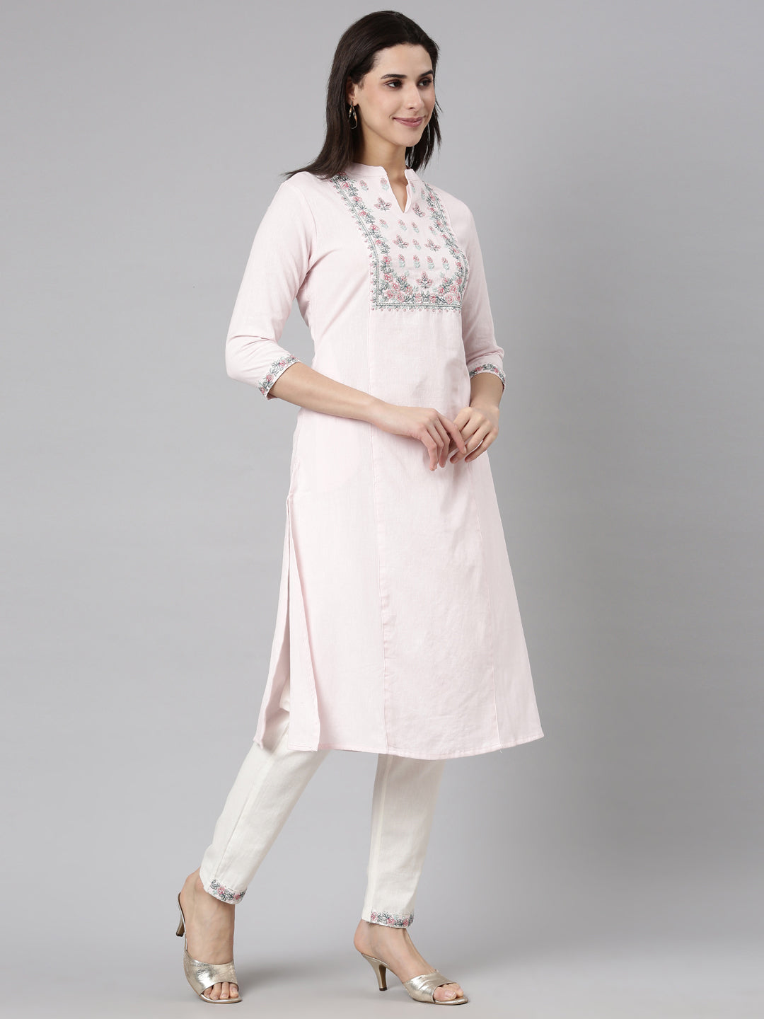 Neerus Pink Regular Straight Solid Kurta And  Trousers