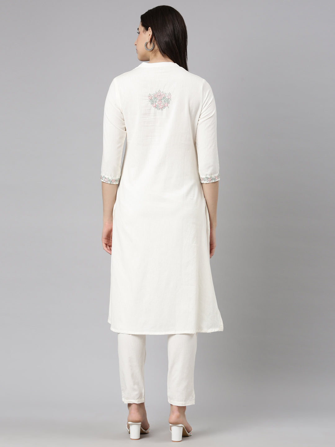 Neerus Cream Regular Straight Solid Kurta And  Trousers