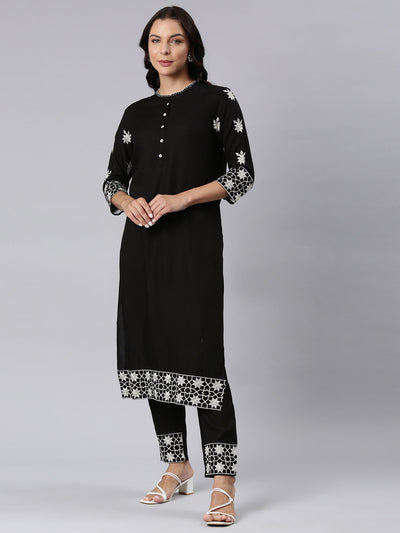 Neerus Black Panelled Straight Yoke Design Kurta And Trousers