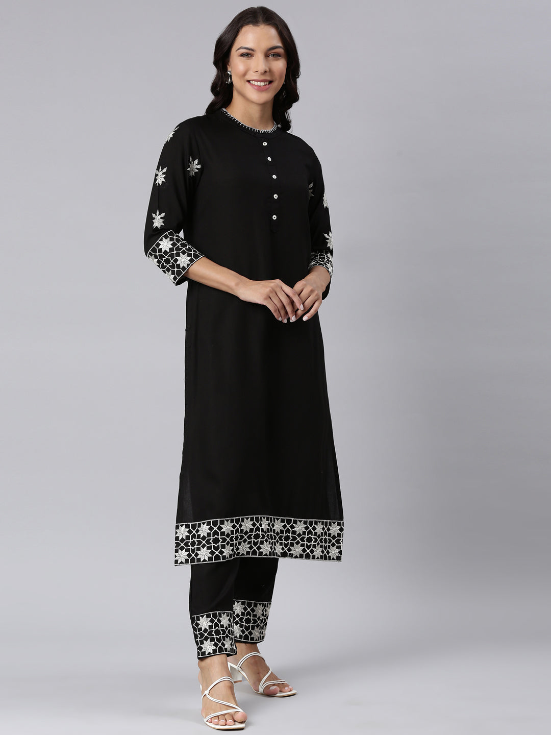 Neerus Black Panelled Straight Yoke Design Kurta And Trousers