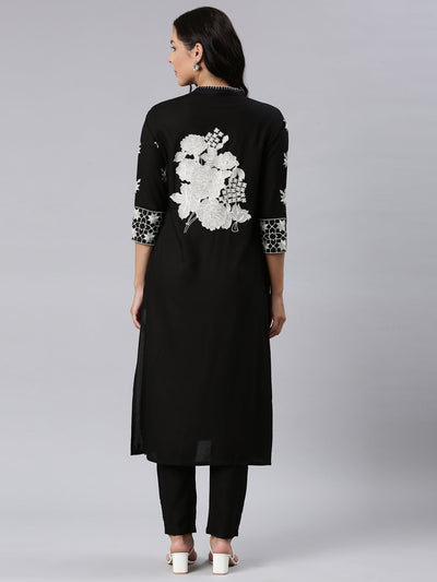 Neerus Black Panelled Straight Yoke Design Kurta And Trousers