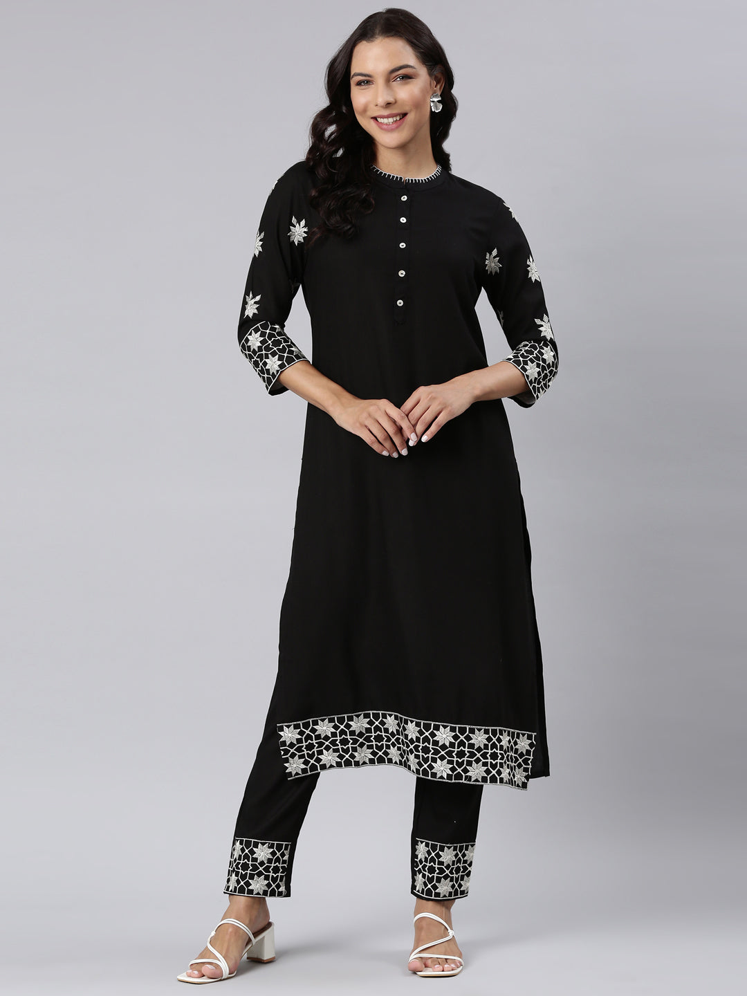 Neerus Black Panelled Straight Yoke Design Kurta And Trousers