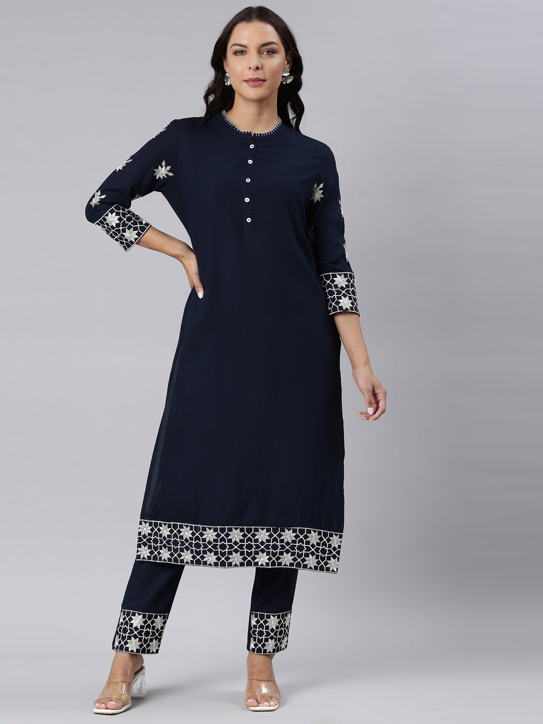 Neerus Navy Blue Panelled Straight Yoke Design Kurta And Trousers