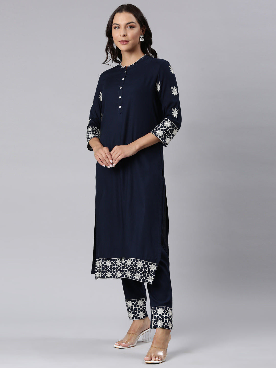 Neerus Navy Blue Panelled Straight Yoke Design Kurta And Trousers