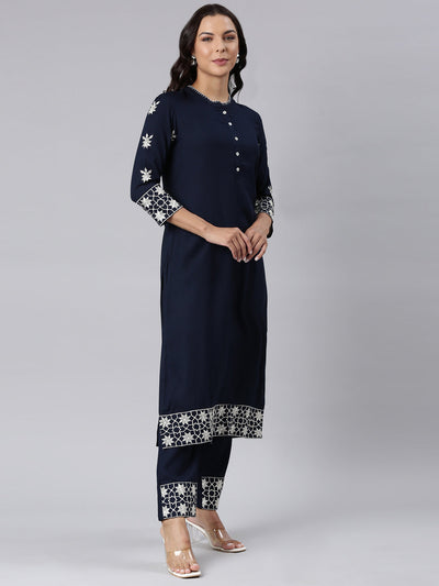 Neerus Navy Blue Panelled Straight Yoke Design Kurta And Trousers