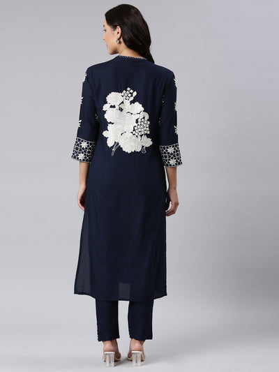 Neerus Navy Blue Panelled Straight Yoke Design Kurta And Trousers