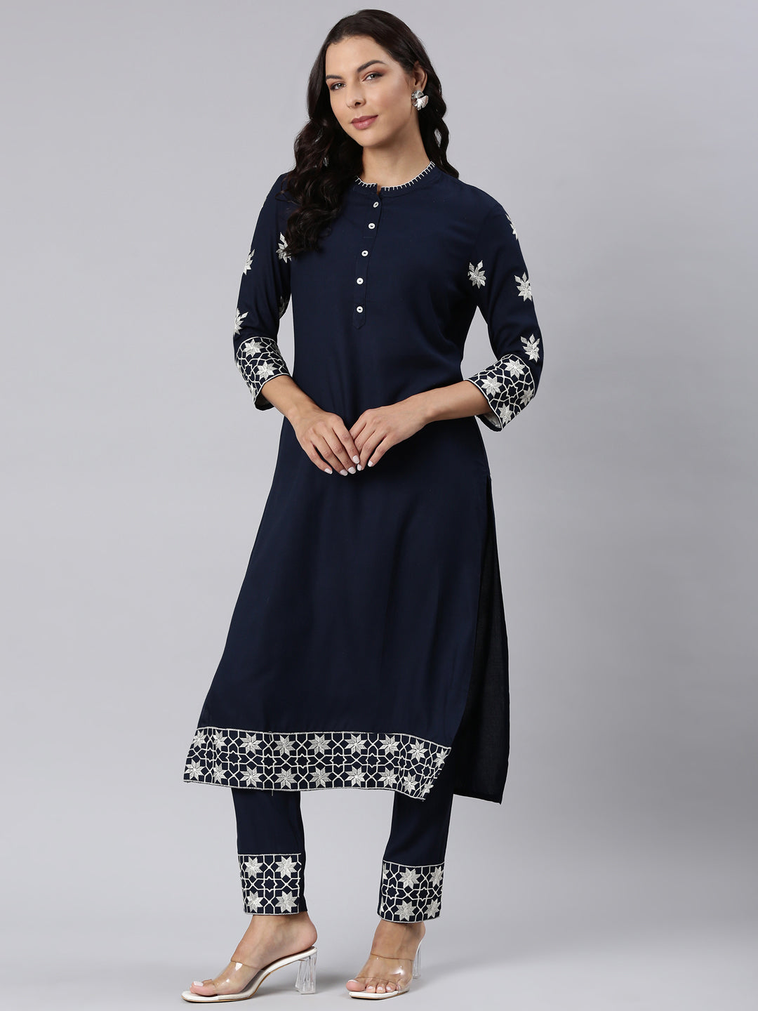 Neerus Navy Blue Panelled Straight Yoke Design Kurta And Trousers